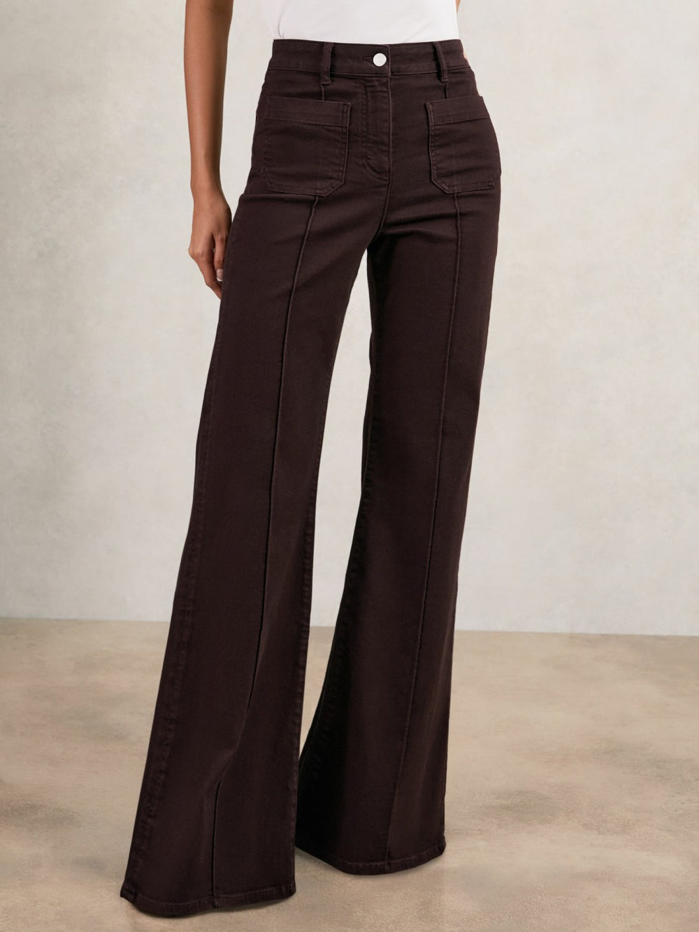 Women Petite Patch-Pocket Flared Jeans in Burgundy