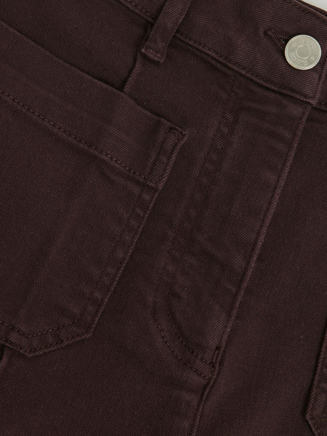 Women Petite Patch-Pocket Flared Jeans in Burgundy