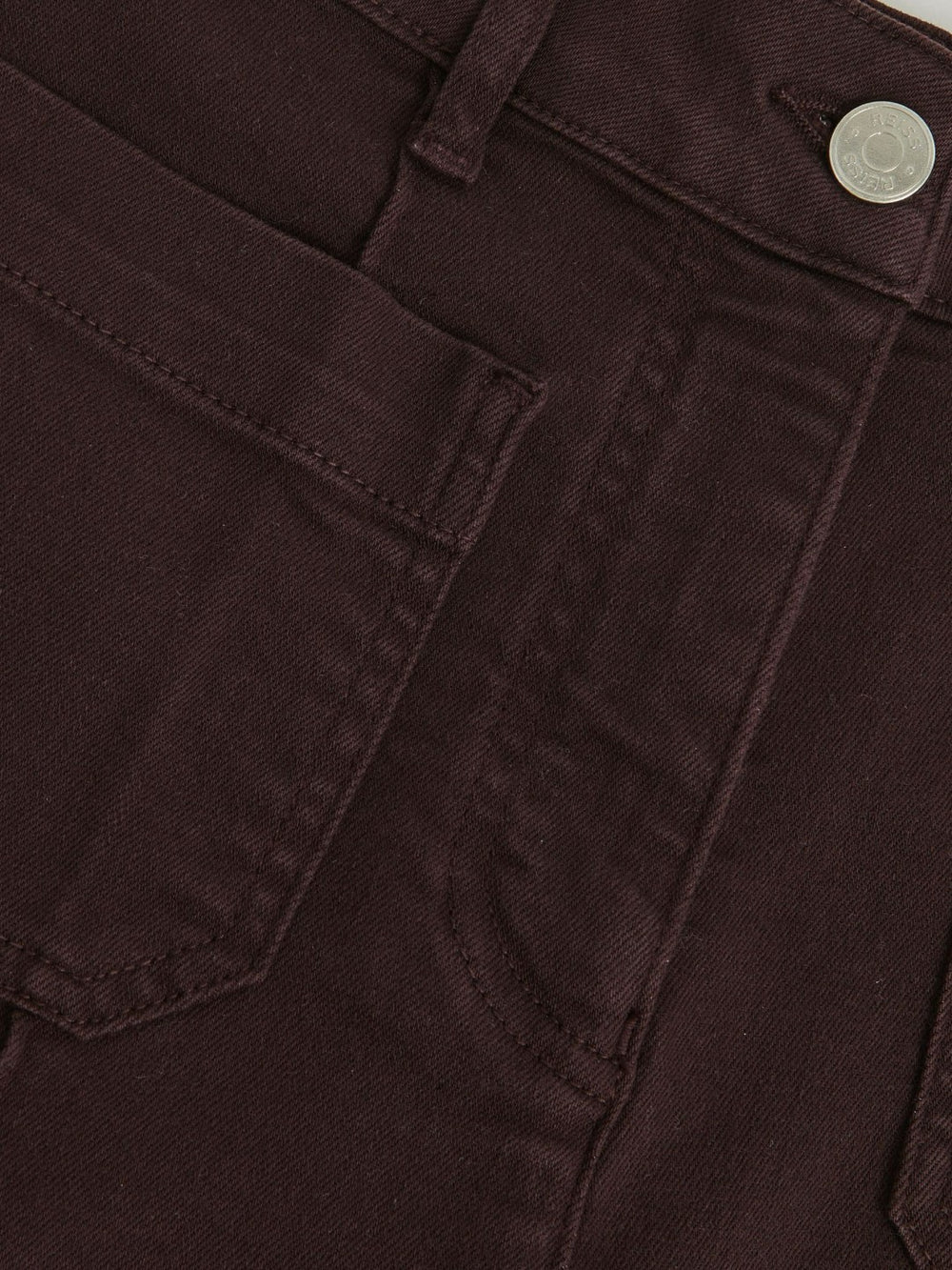 Women Petite Patch-Pocket Flared Jeans in Burgundy