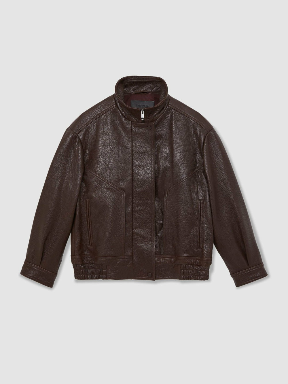Women Oversize Grained-Leather Bomber Jacket in Burgundy