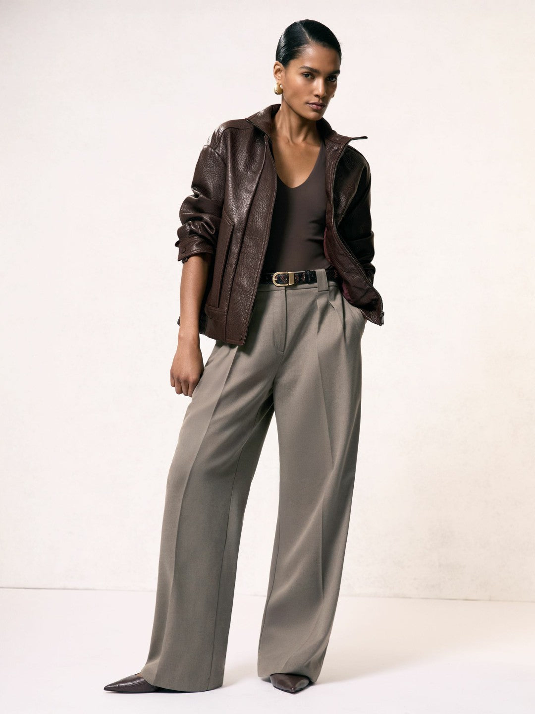 Women Oversize Grained-Leather Bomber Jacket in Burgundy