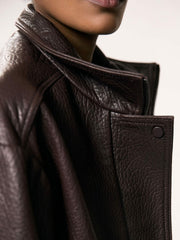 Women Oversize Grained-Leather Bomber Jacket in Burgundy