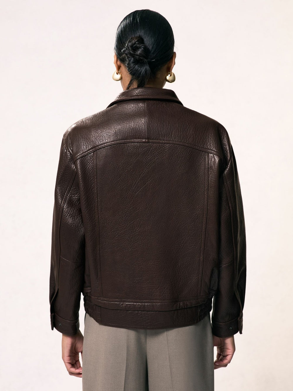 Women Oversize Grained-Leather Bomber Jacket in Burgundy