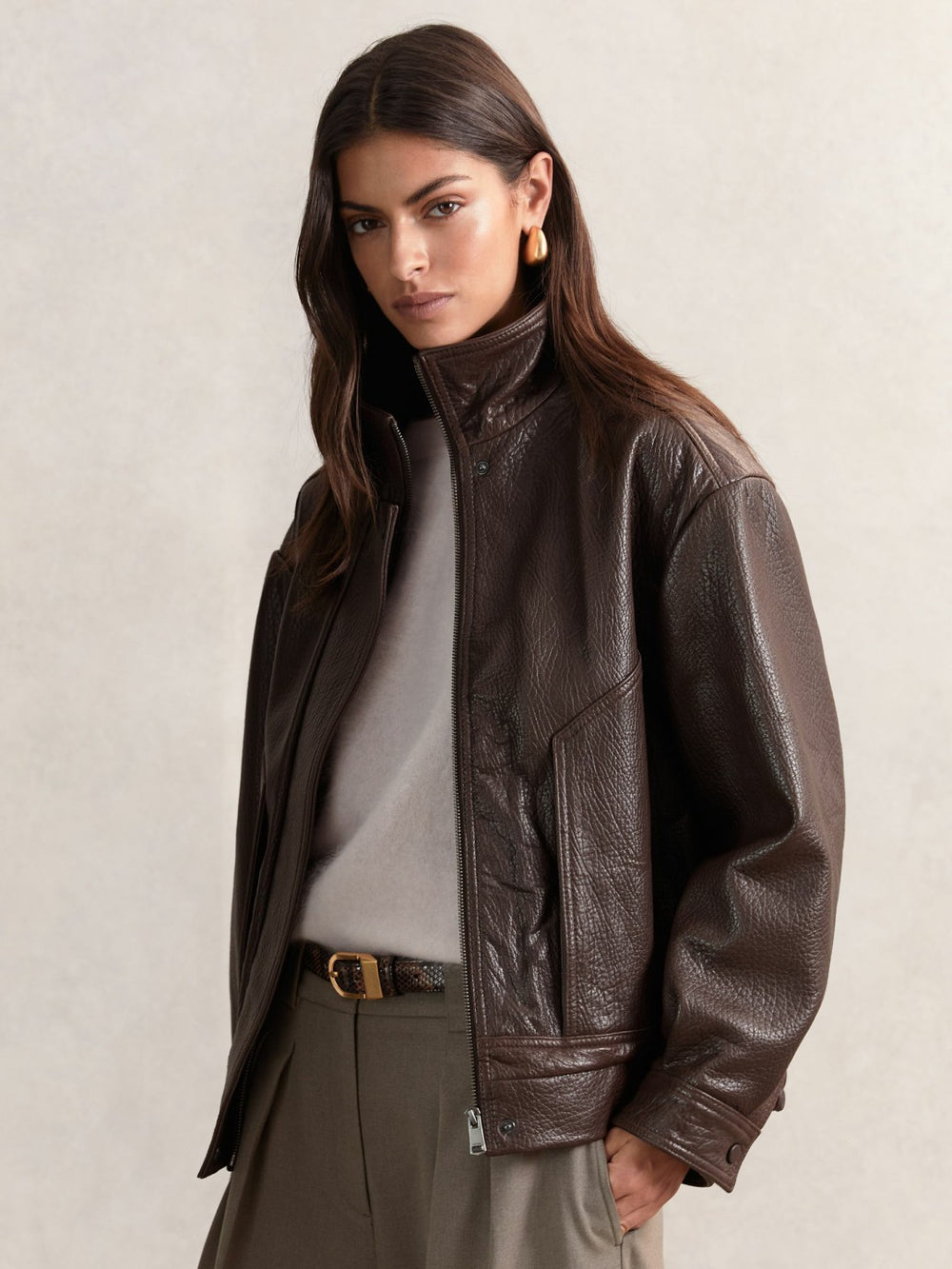 Women Oversize Grained-Leather Bomber Jacket in Burgundy