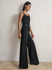 Women Petite Stretch-Cotton Wide-Leg Jeans in Black