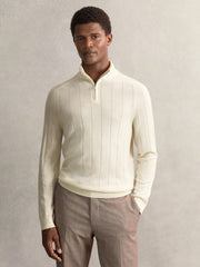 Men Merino Wool Wide-Rib Half-Zip Jumper in Bianco