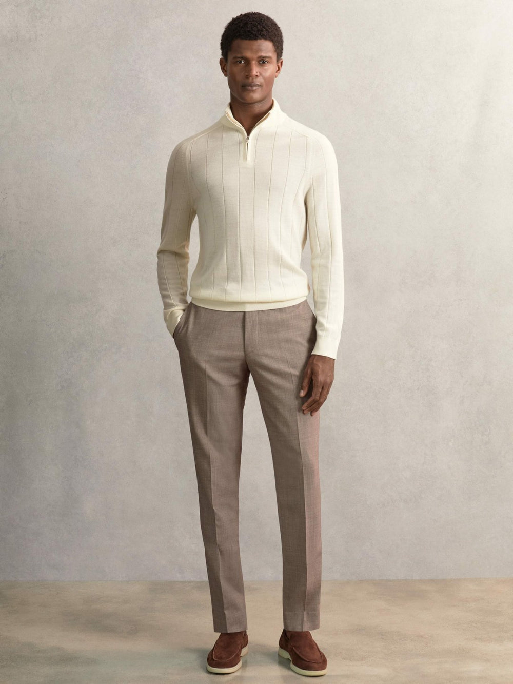 Men Merino Wool Wide-Rib Half-Zip Jumper in Bianco