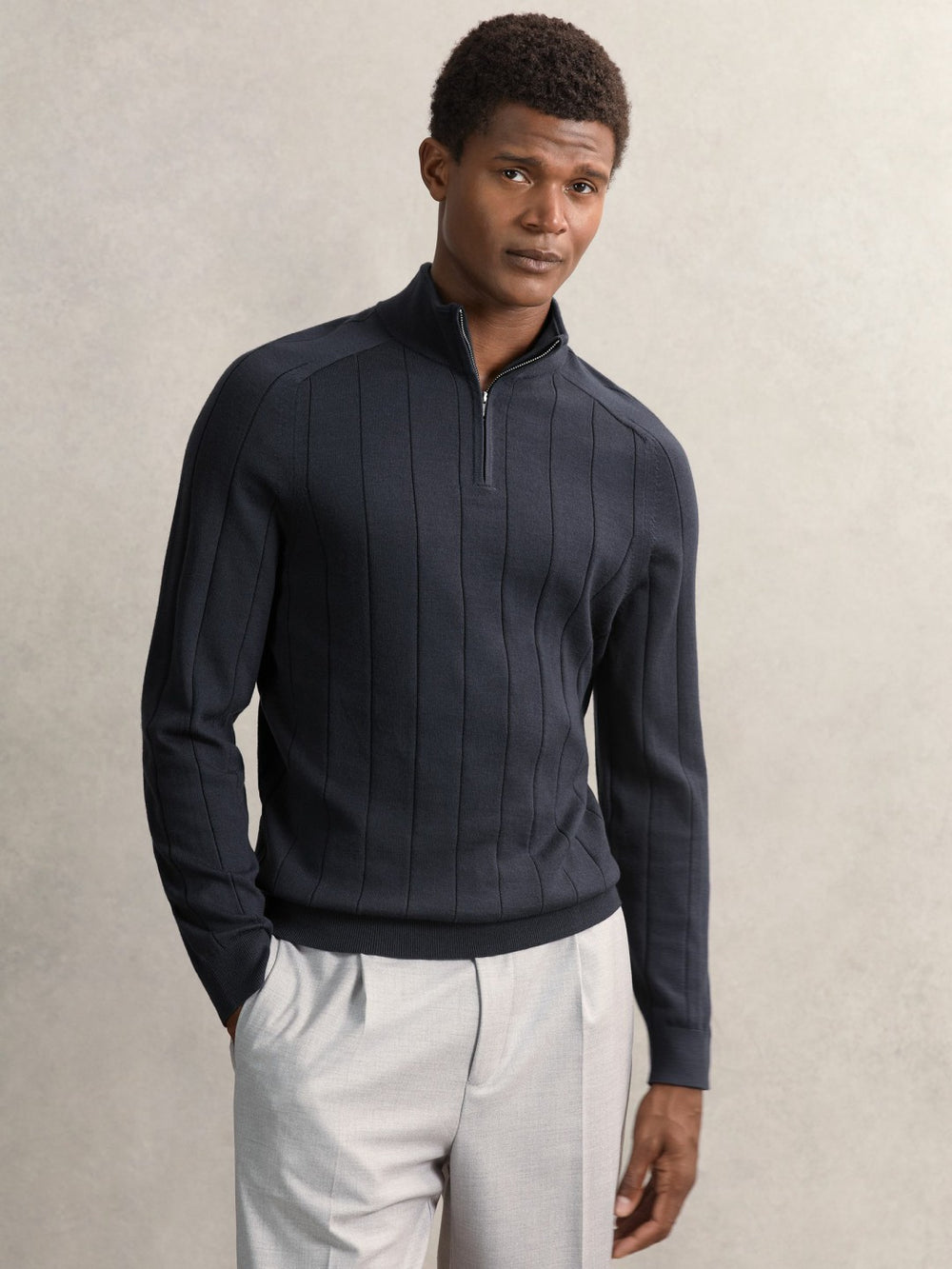 Men Merino Wool Wide-Rib Half-Zip Jumper in Airforce Blue