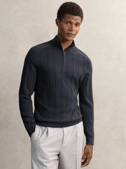 Men Merino Wool Wide-Rib Half-Zip Jumper in Airforce Blue