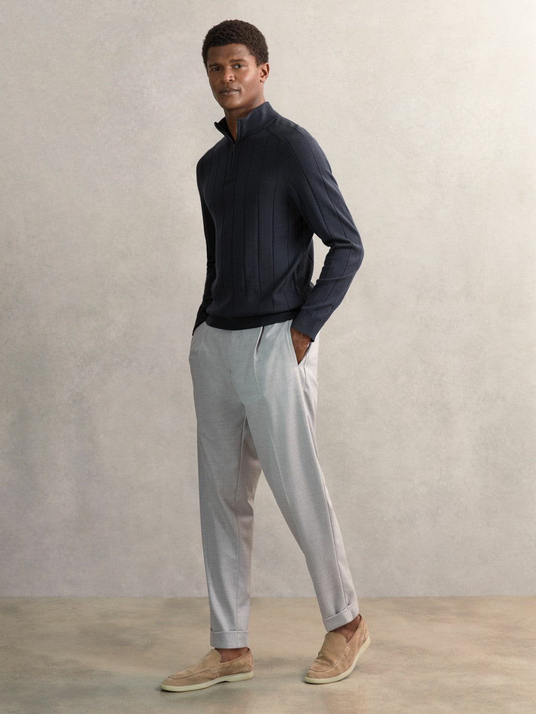 Men Merino Wool Wide-Rib Half-Zip Jumper in Airforce Blue
