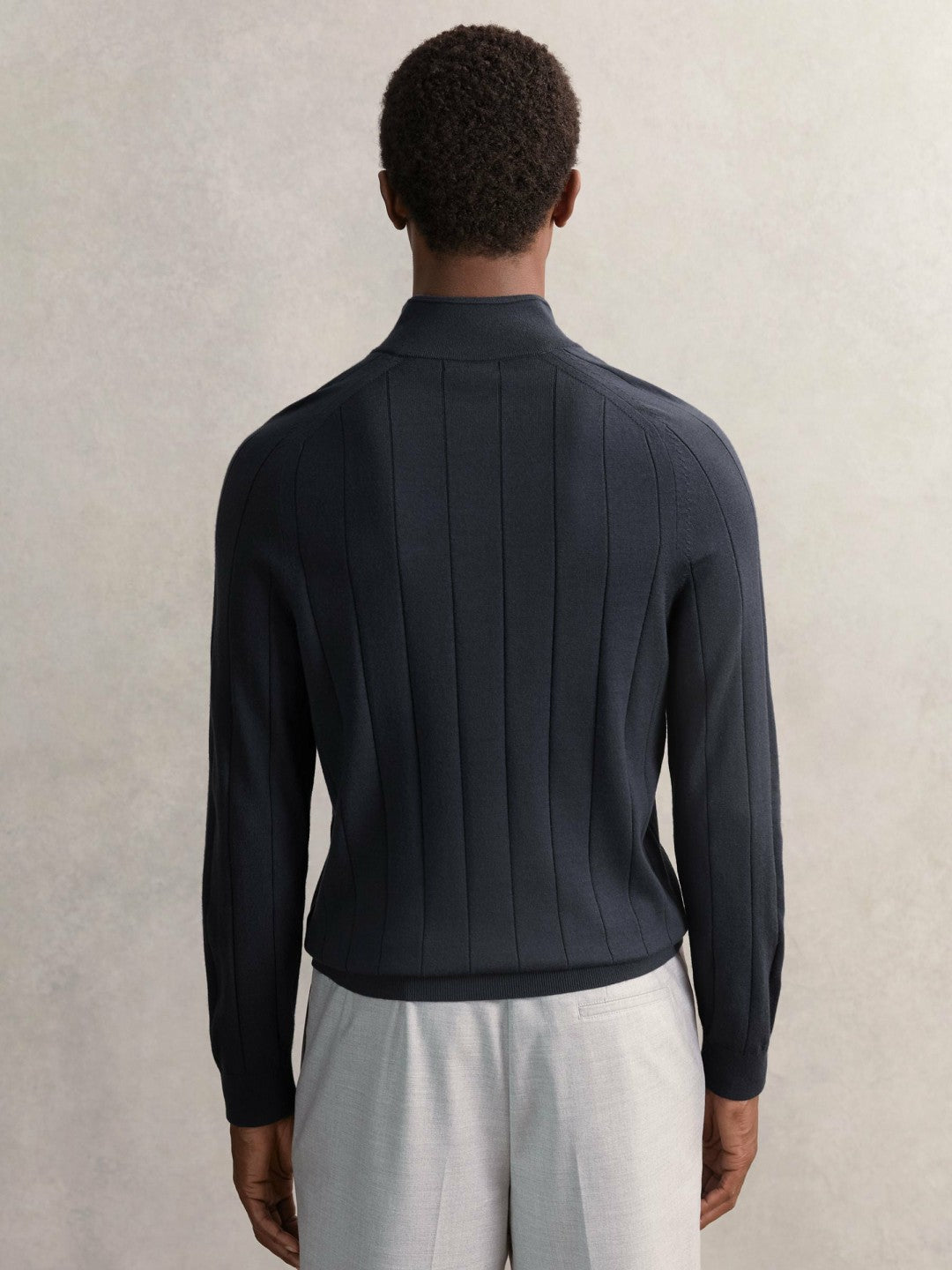 Men Merino Wool Wide-Rib Half-Zip Jumper in Airforce Blue