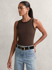 Women Stretch-Cotton Jersey Tipped Vest in Chocolate Brown/Black
