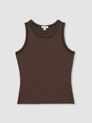 Women Stretch-Cotton Jersey Tipped Vest in Chocolate Brown/Black