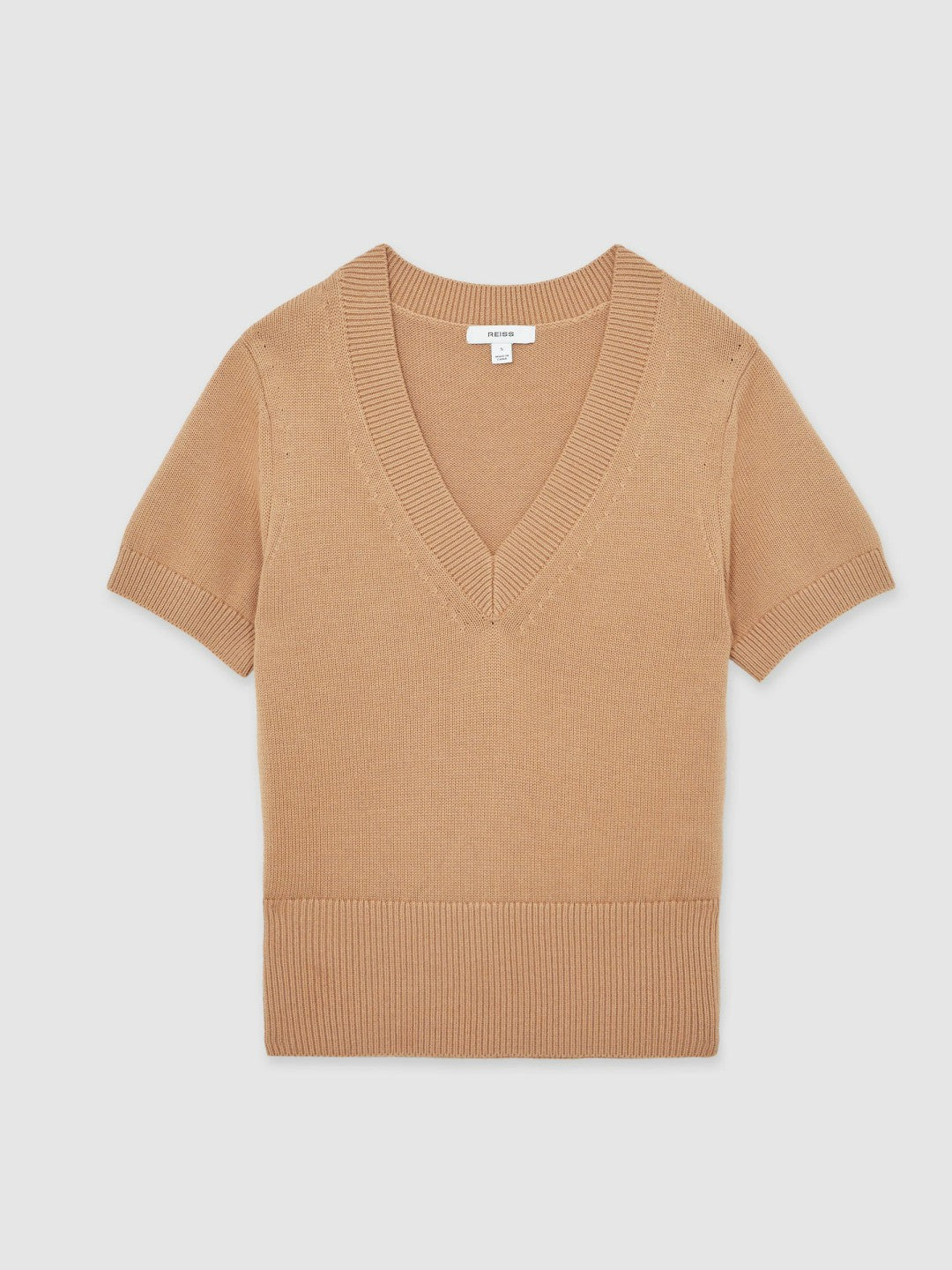Women Cotton-Wool Knit V-Neck Top in Camel
