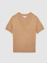 Women Cotton-Wool Knit V-Neck Top in Camel