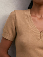Women Cotton-Wool Knit V-Neck Top in Camel