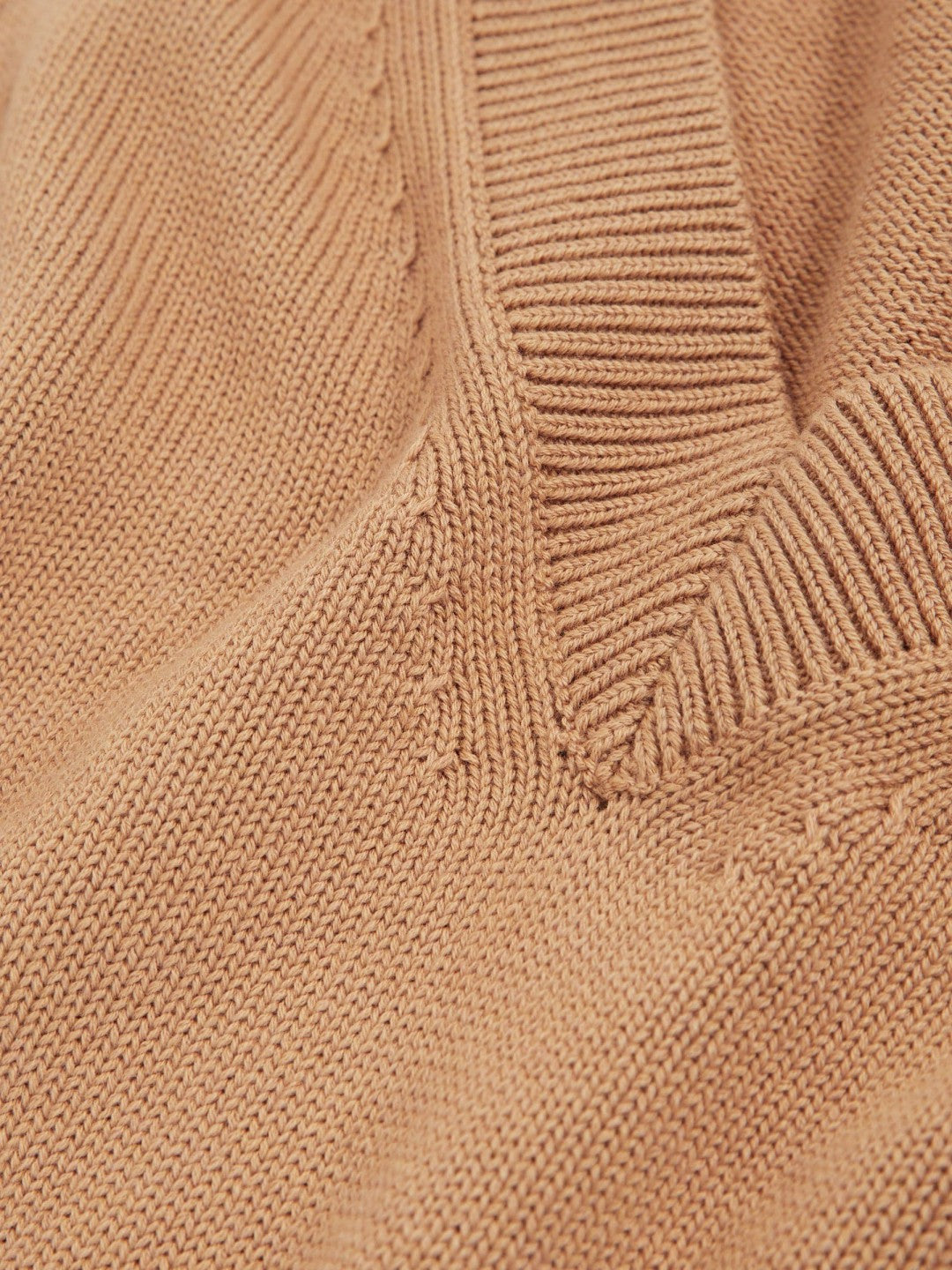 Women Cotton-Wool Knit V-Neck Top in Camel