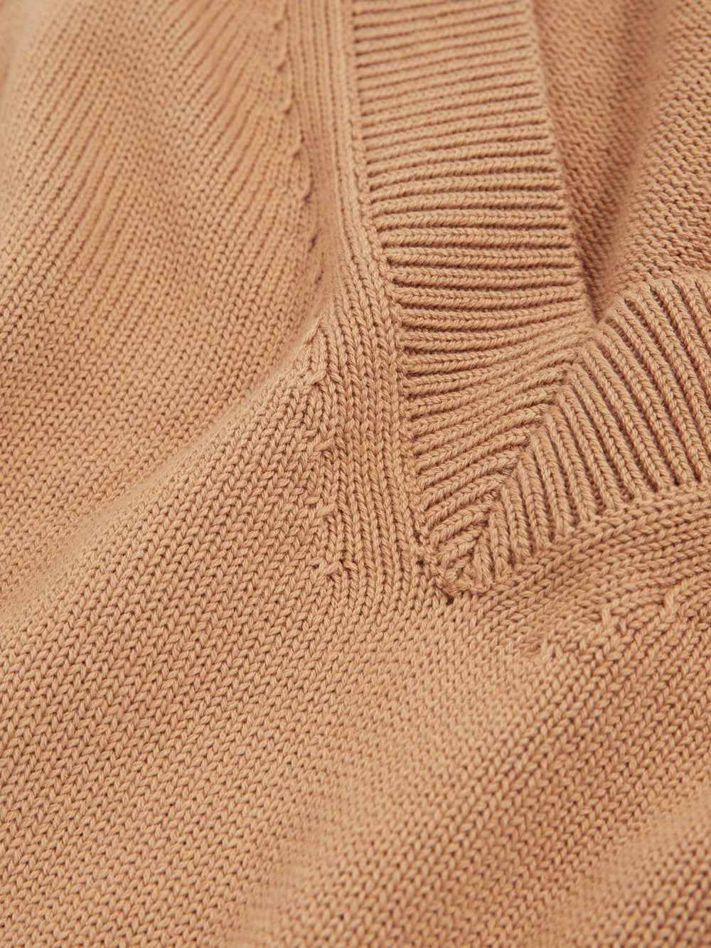 Women Cotton-Wool Knit V-Neck Top in Camel