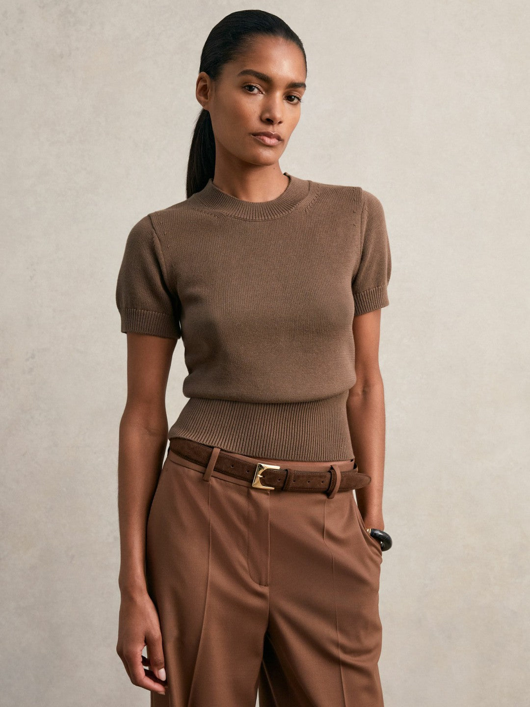 Women Cotton And Wool Crew-Neck Top in Brown