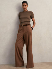 Women Cotton And Wool Crew-Neck Top in Brown