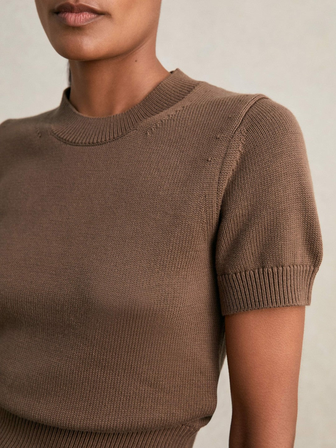 Women Cotton And Wool Crew-Neck Top in Brown