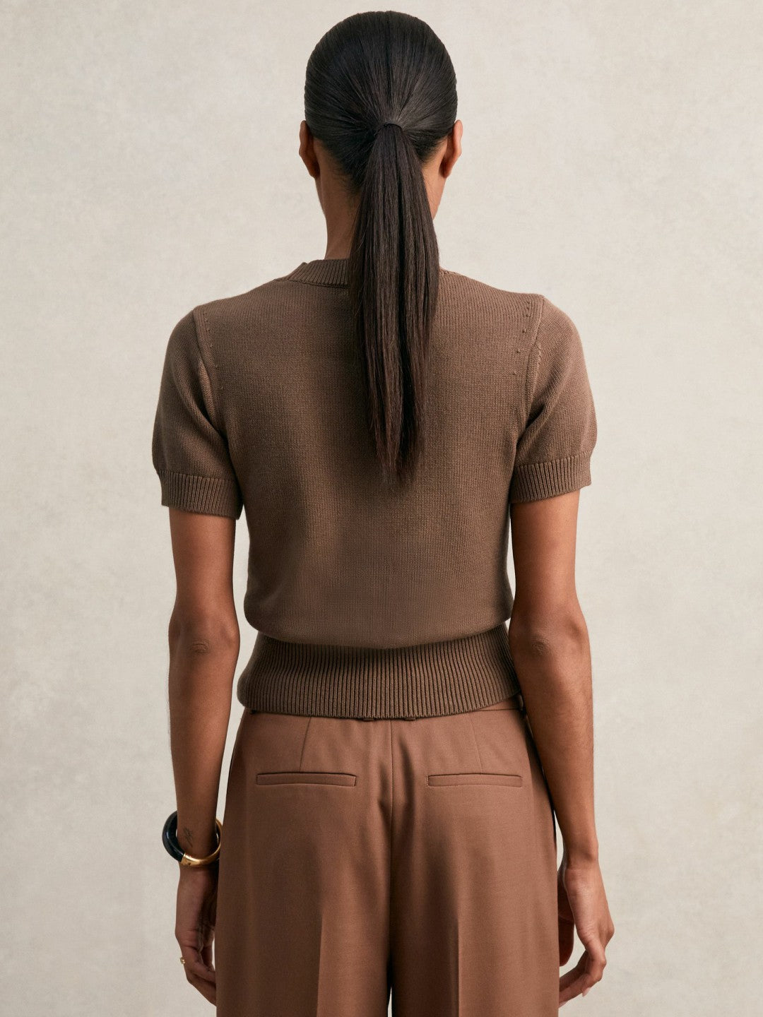 Women Cotton And Wool Crew-Neck Top in Brown