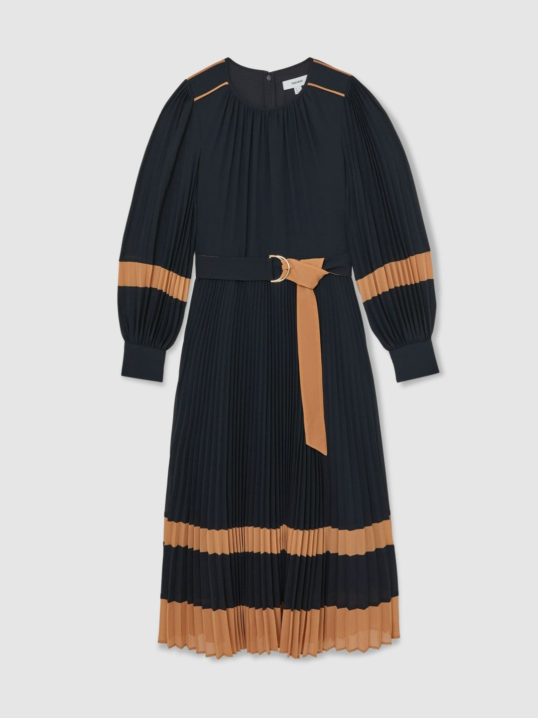 Women Colour-Block Pleated Midi Dress in Navy/Camel