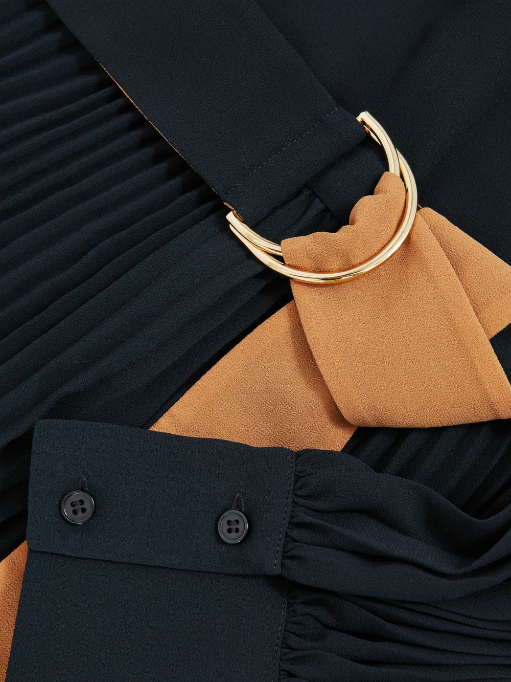 Women Colour-Block Pleated Midi Dress in Navy/Camel