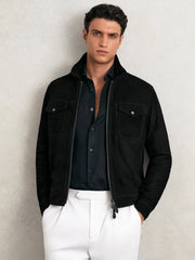 Men Suede Zip Through Jacket in Black