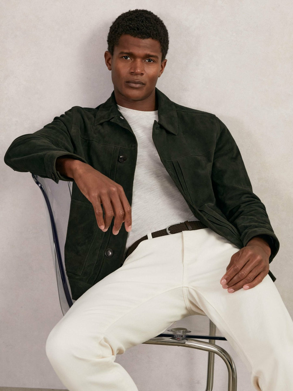 Men Suede Worker Jacket in Dark Green