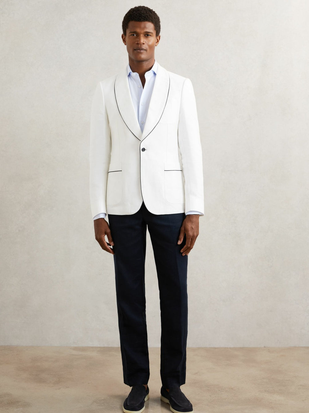 Men Single-Breasted Blazer with Linen in Ivory White