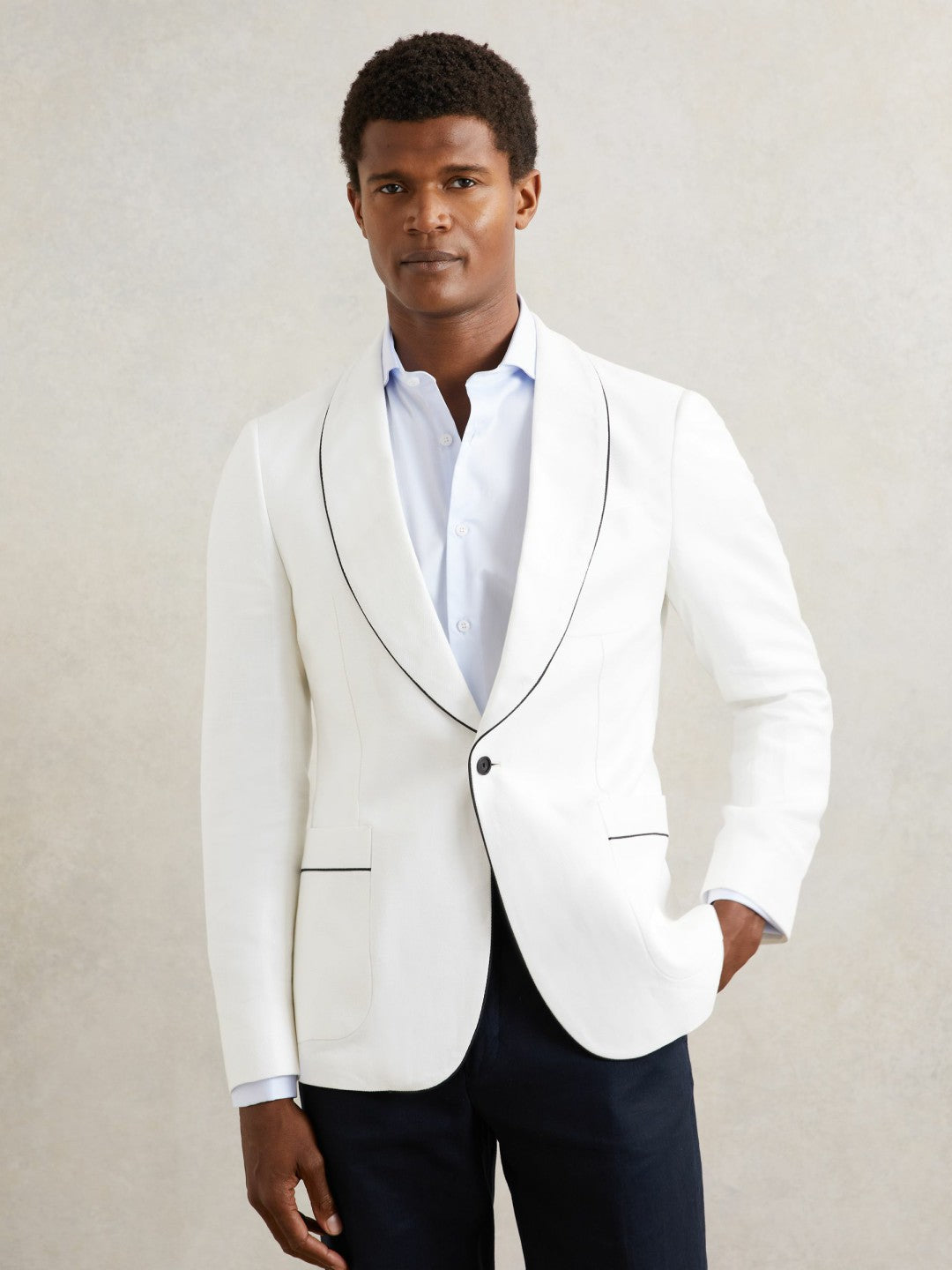 Men Single-Breasted Blazer with Linen in Ivory White