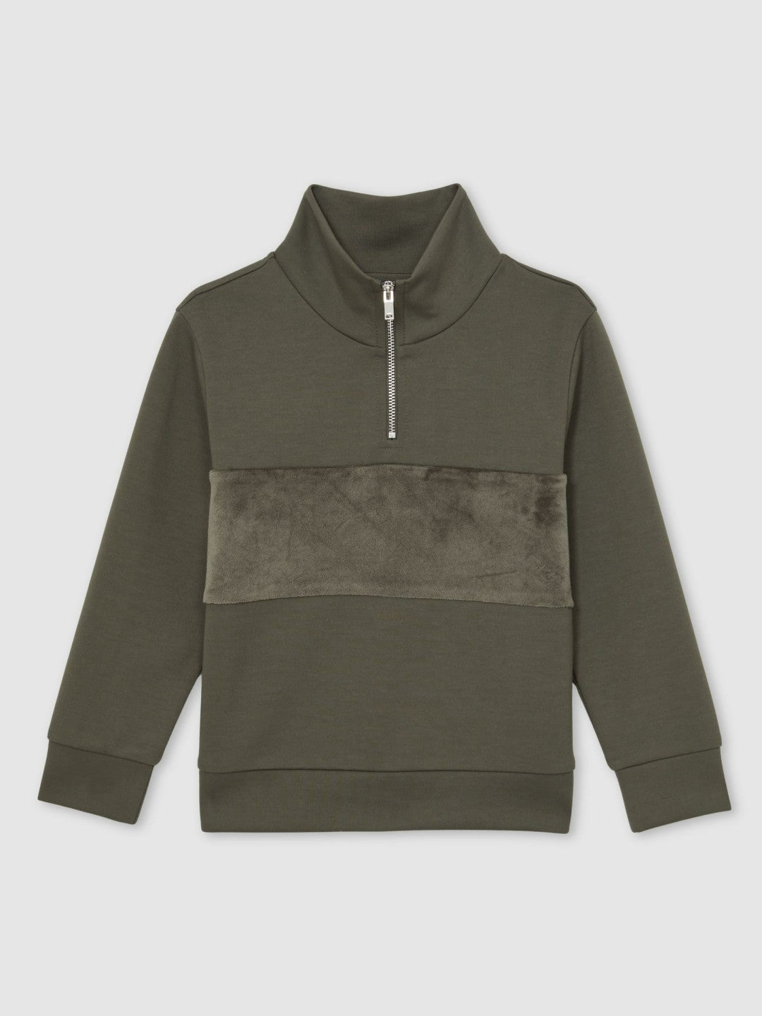 Children & Baby 13-14 yrs Slim Fit Half-Zip Funnel Neck Velour Sweatshirt in Dark Sage Green
