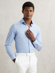 Men Cotton-Blend Jersey Cutaway-Collar Shirt in Soft Blue