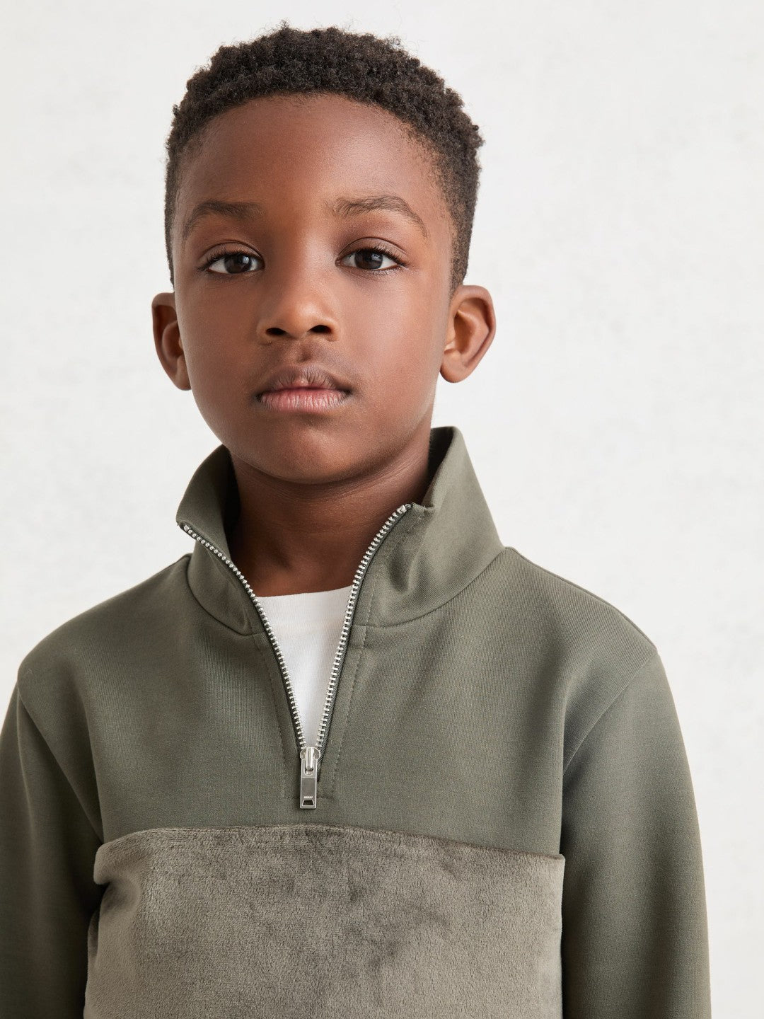 Children & Baby 9-13 yrs Slim Fit Half-Zip Funnel Neck Velour Sweatshirt in Dark Sage Green