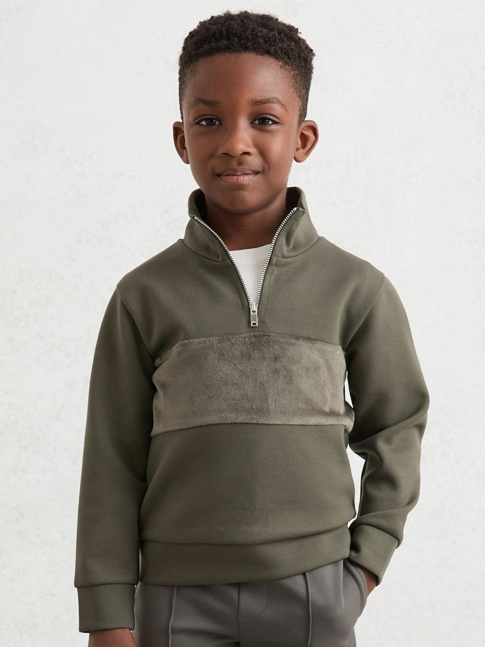 Children & Baby 9-13 yrs Slim Fit Half-Zip Funnel Neck Velour Sweatshirt in Dark Sage Green