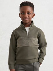 Children & Baby 9-13 yrs Slim Fit Half-Zip Funnel Neck Velour Sweatshirt in Dark Sage Green