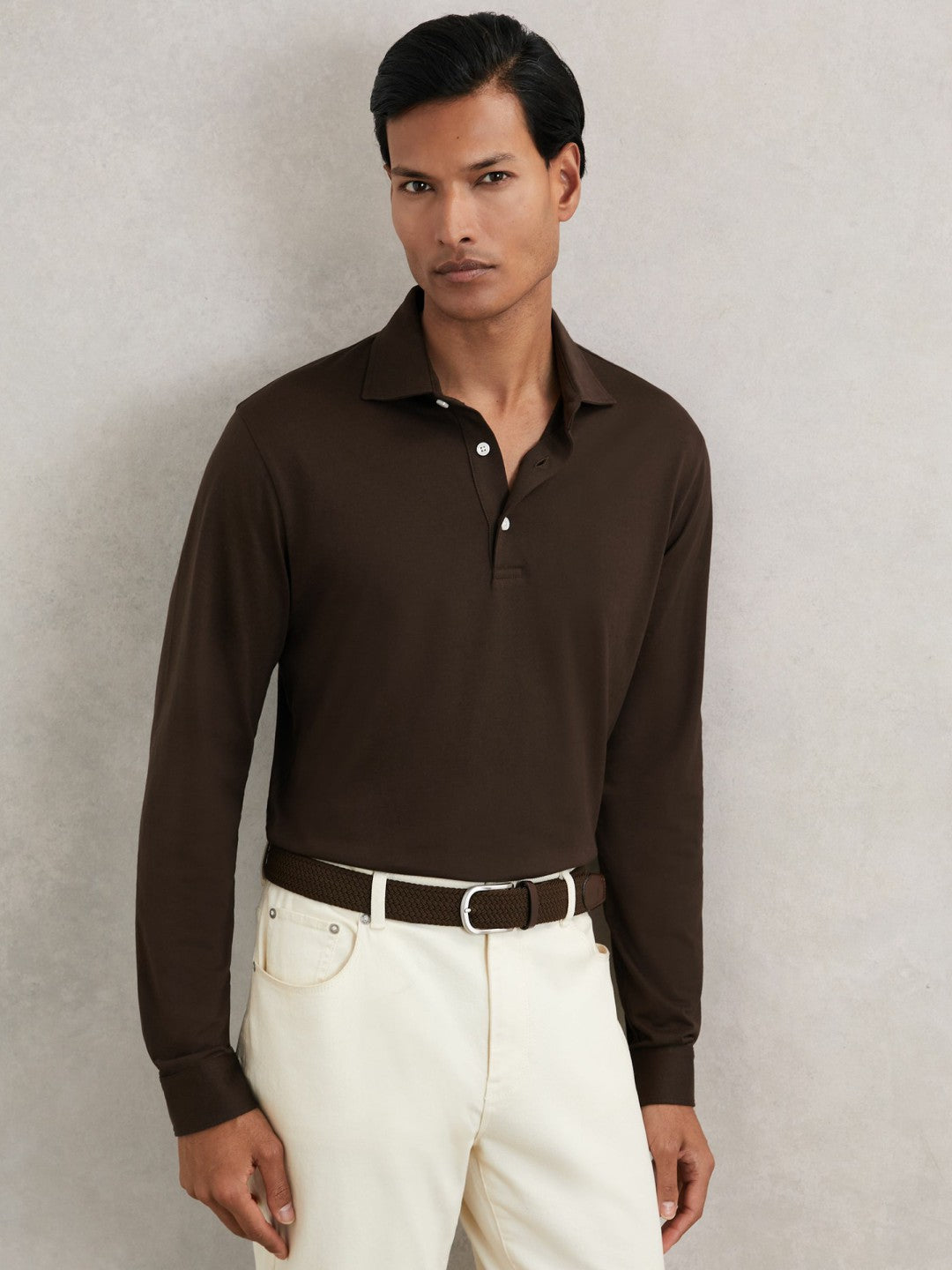 Men Cotton-Jersey Long Sleeve Polo Shirt in Brown