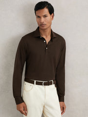 Men Cotton-Jersey Long Sleeve Polo Shirt in Brown