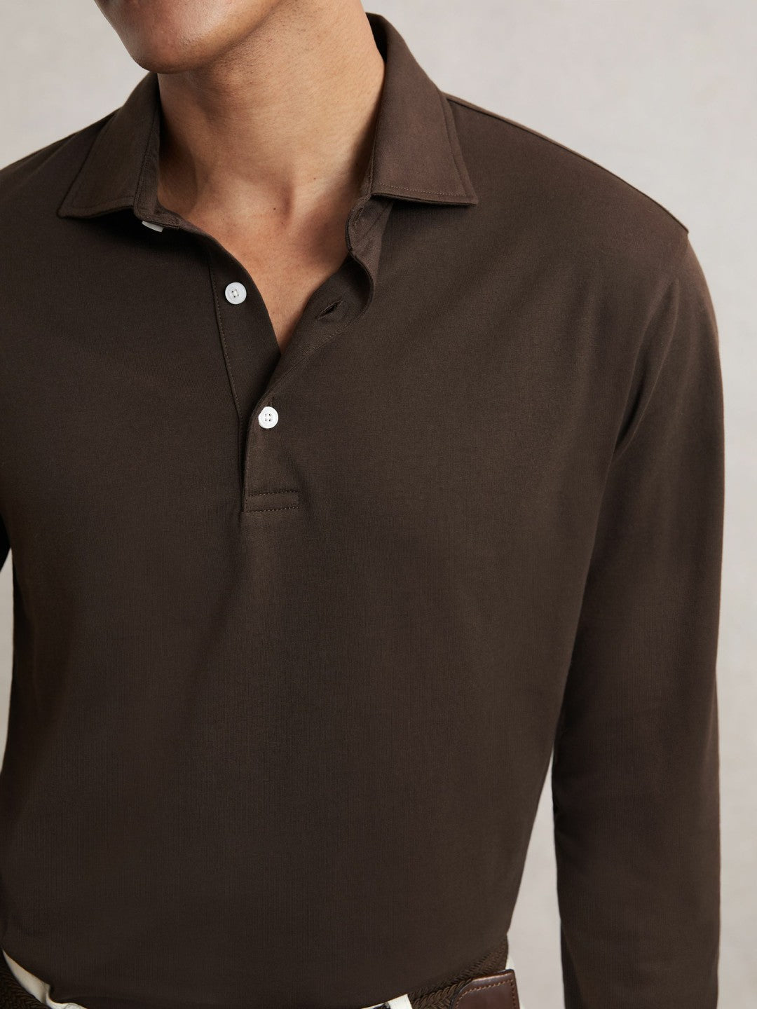 Men Cotton-Jersey Long Sleeve Polo Shirt in Brown