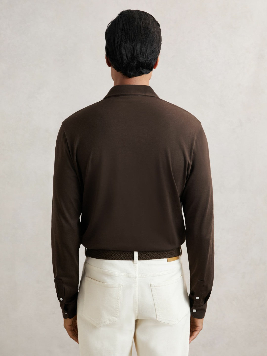 Men Cotton-Jersey Long Sleeve Polo Shirt in Brown