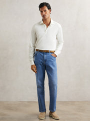 Men Cotton-Jersey Long Sleeve Polo Shirt in White