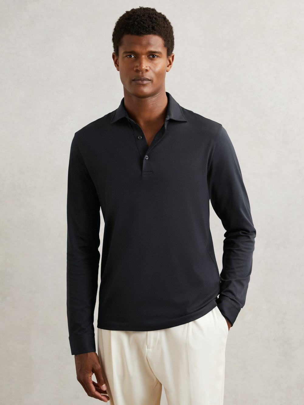 Men Cotton-Jersey Long Sleeve Polo Shirt in Navy
