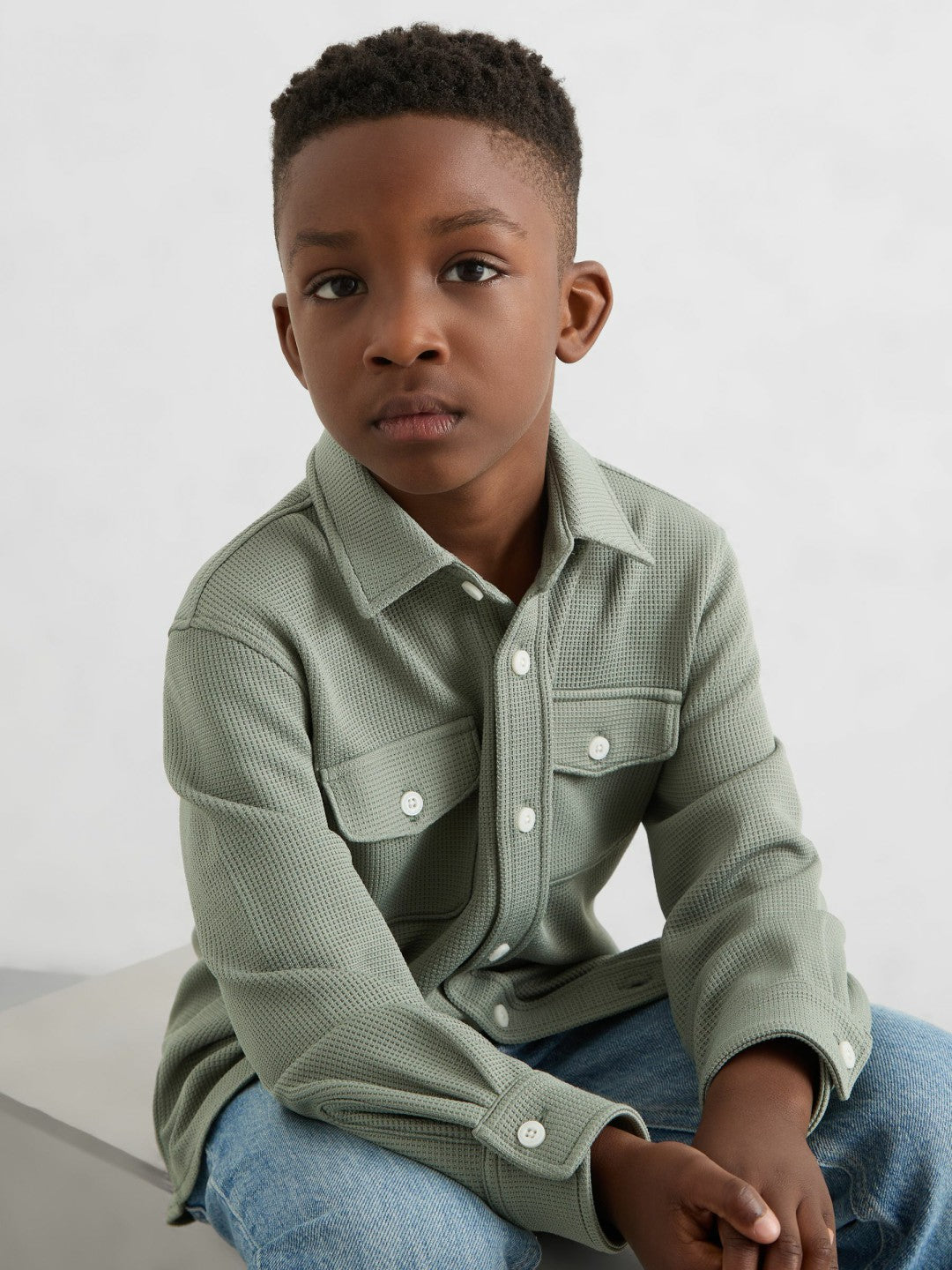 Children & Baby 13-14 yrs Waffle-Textured Twin-Pocket Overshirt in Sage