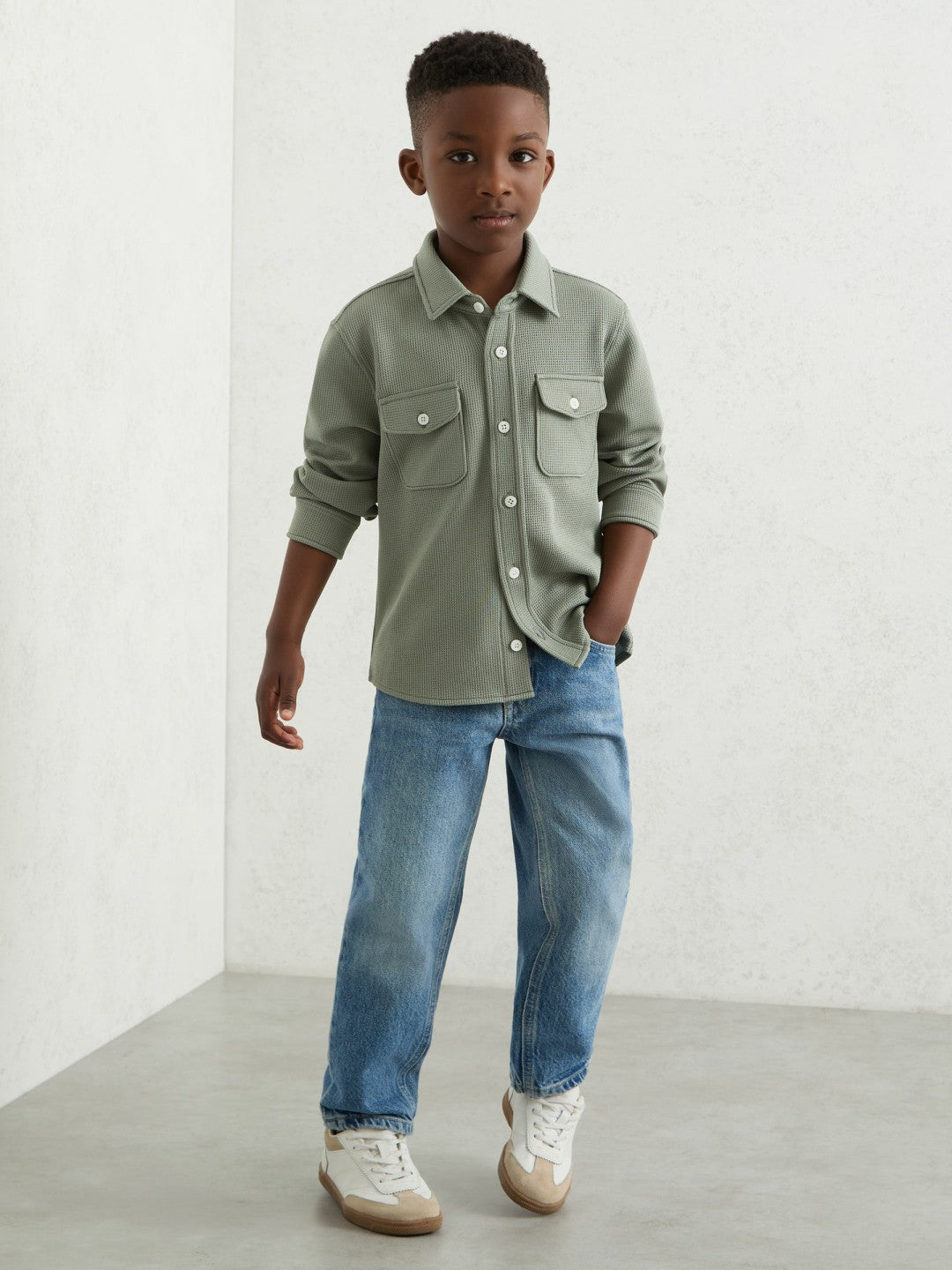 Children & Baby 13-14 yrs Waffle-Textured Twin-Pocket Overshirt in Sage