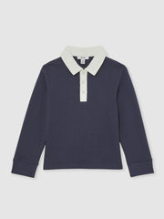Children & Baby Cotton Half-Button Rugby Polo Shirt in Navy/White