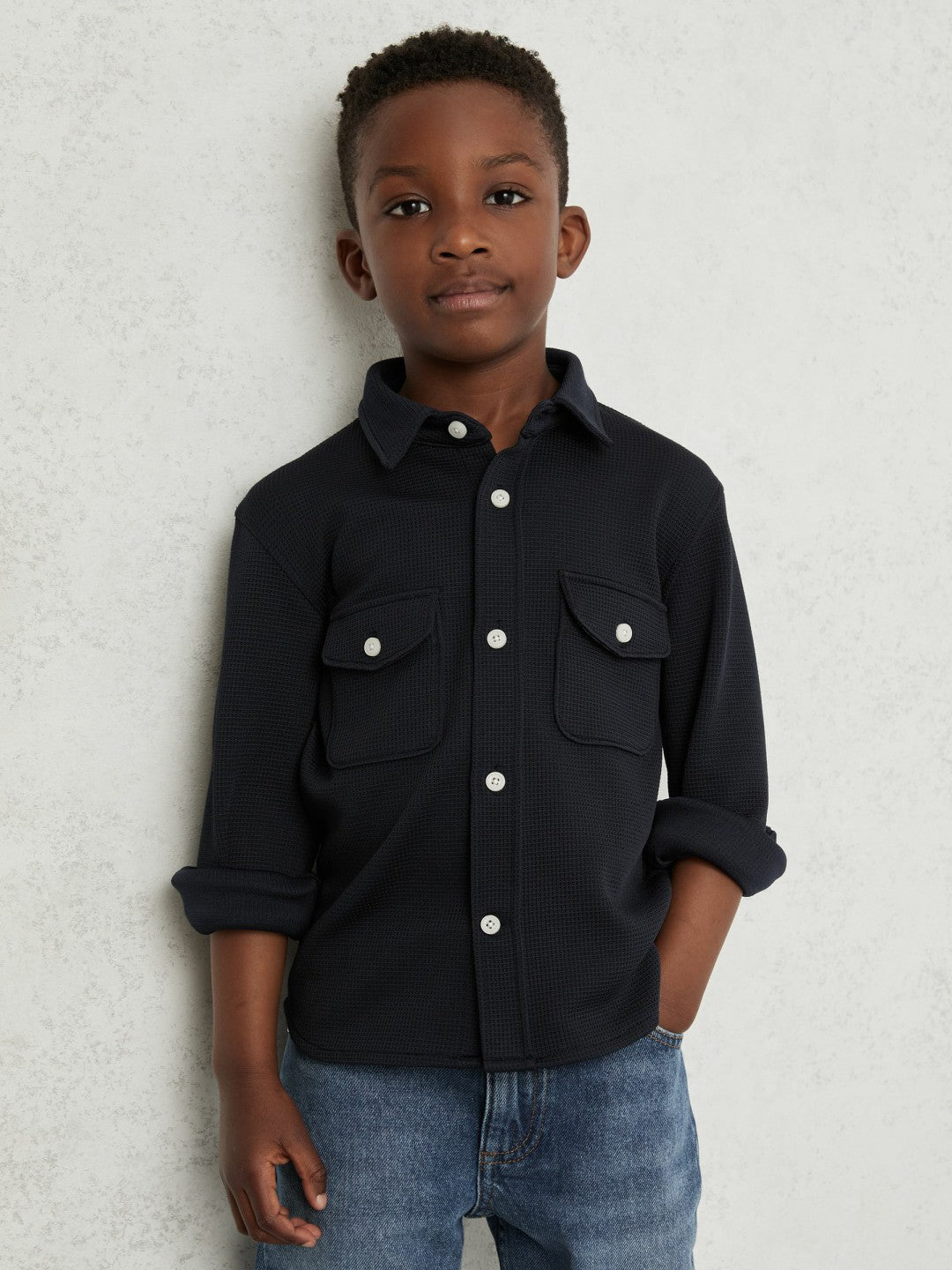 Children & Baby 13-14 yrs Waffle-Textured Twin-Pocket Overshirt in Navy