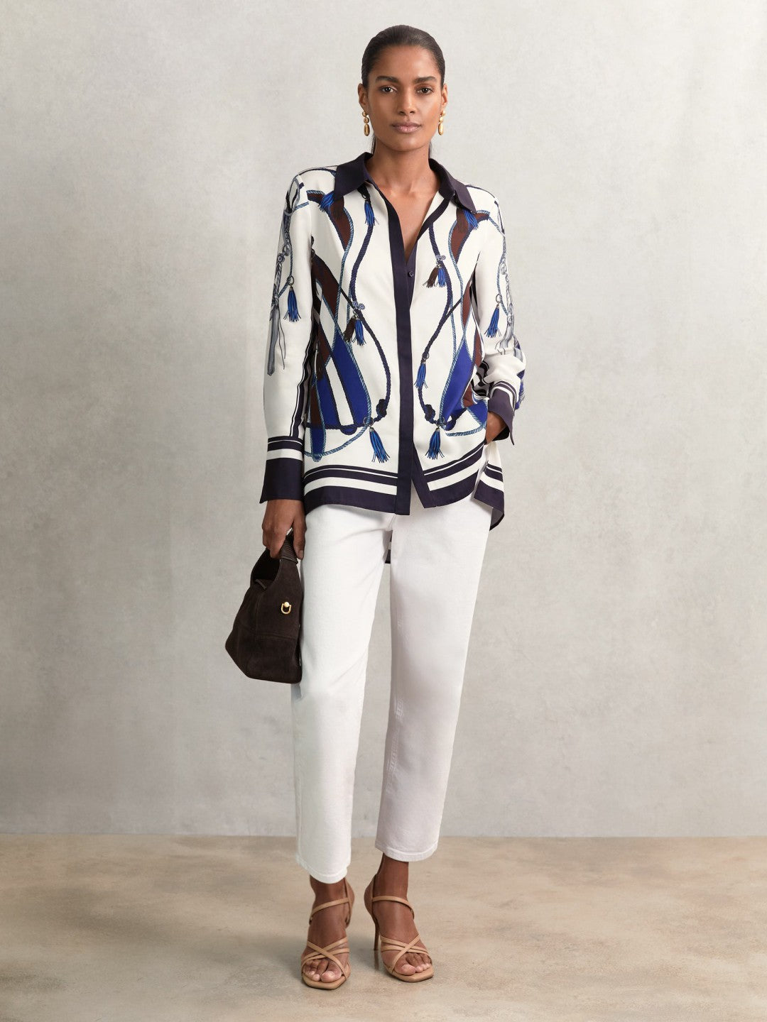 Women Scarf Print Colourblock Shirt in Navy