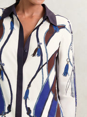 Women Scarf Print Colourblock Shirt in Navy
