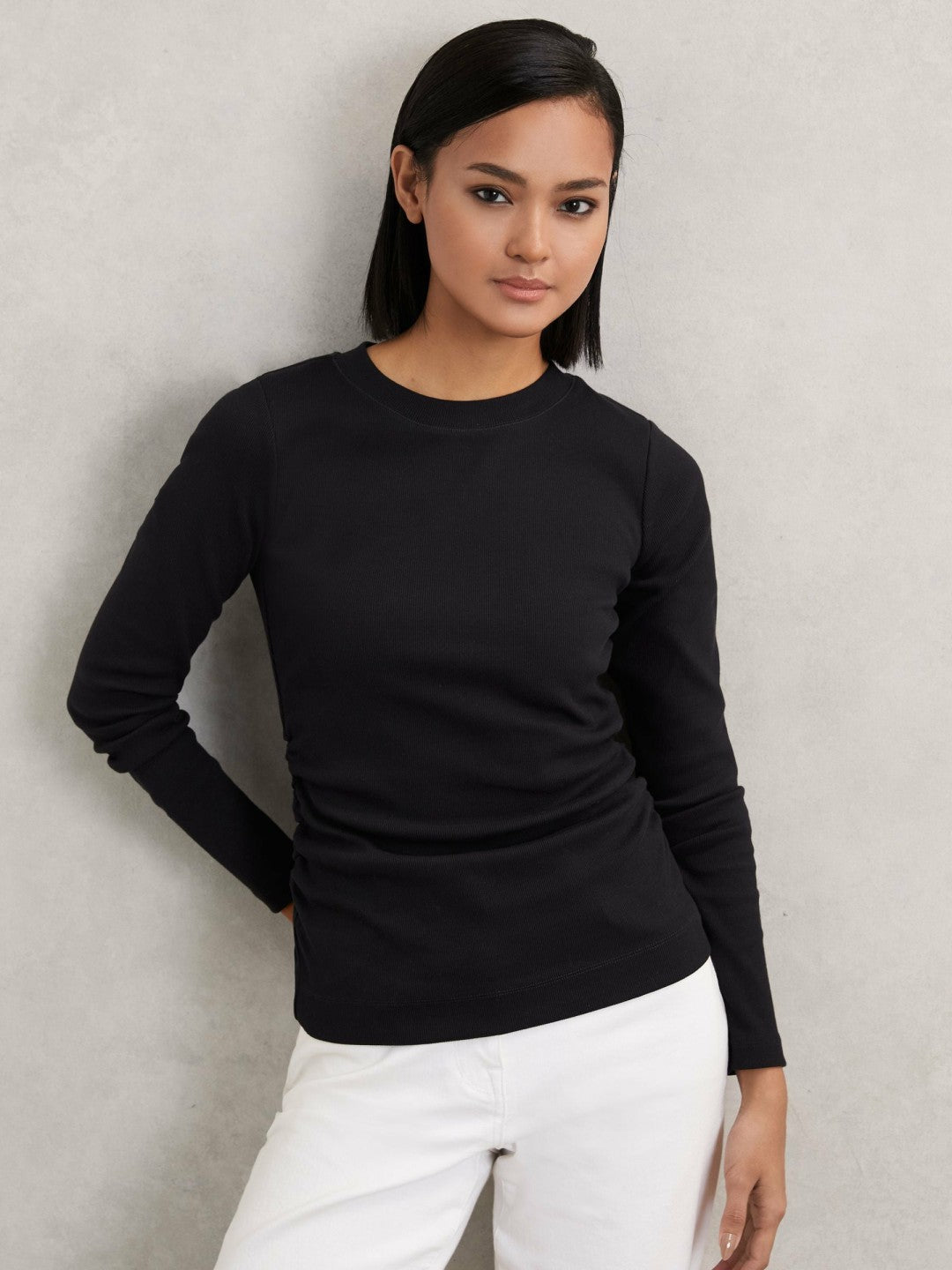 Women Cotton Long-Sleeve Ruched T-Shirt with Stretch in Black